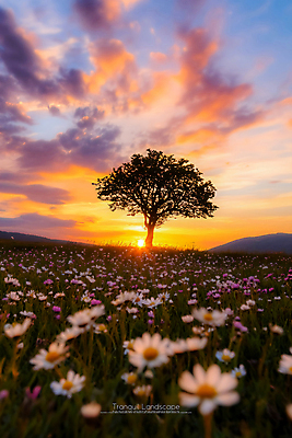 PSD 나무 편집이미지 실루엣 꽃밭 사람없음 고요 황혼 일몰 이미지편집 편집실사 식물 꽃 촬영기법 노을 CG 파일형식