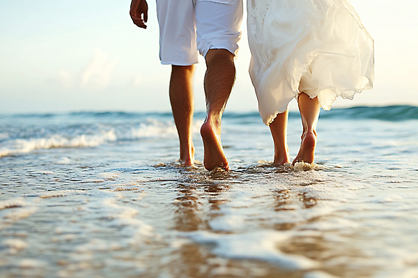 JPG 편집이미지 여자 남자 파도 바다 여행 신혼부부 성인 두명 뒷모습 걷기 신혼여행 하반신 디지털합성 의료성형뷰티 성인만 편집실사 AI인물포토 AI콘텐츠 부부 뷰포인트 결혼 모션 사람 CG 신혼 파일형식 AI포토