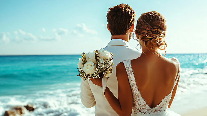 JPG 편집이미지 여자 남자 바다 부케 여행 신혼부부 들기 상반신 성인 두명 뒷모습 신혼여행 디지털합성 신혼 의료성형뷰티 성인만 편집실사 AI인물포토 AI콘텐츠 부부 뷰포인트 꽃다발 결혼 모션 사람 CG 파일형식 AI포토