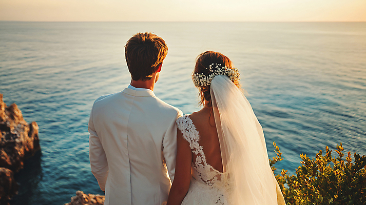 JPG 편집이미지 여자 남자 바다 여행 웨딩드레스 신혼부부 턱시도 상반신 성인 두명 뒷모습 신혼여행 디지털합성 신혼 의료성형뷰티 성인만 편집실사 AI인물포토 AI콘텐츠 부부 드레스 뷰포인트 결혼 사람 정장 CG 파일형식 AI포토