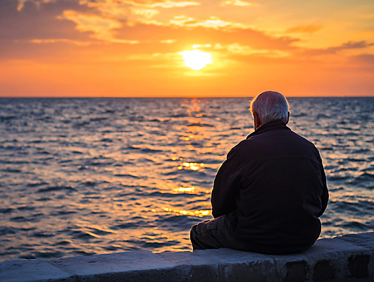 JPG 편집이미지 응시 할아버지 노년 남자 물결 바다 한명 앉기 상반신 햇빛 노을 고독 디지털합성 고민 우울감 우울증 의료성형뷰티 노인남자한명만 편집실사 AI인물포토 AI콘텐츠 자연요소 1 시선 감정 모션 사람 성인 태양 질병 CG 남자한명만 노인남자만 파일형식 AI포토