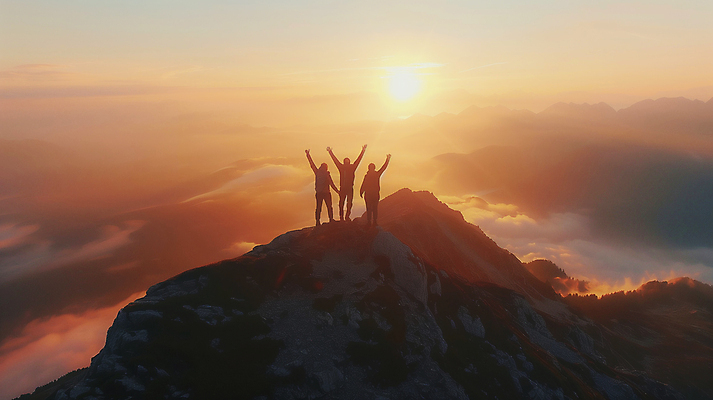 JPG 편집이미지 여자 남자 실루엣 자연 산 풍경 성인 세명 햇빛 태양 노을 등산 만세 등산객 산행 산정상 성인만 편집실사 AI포토 AI콘텐츠 자연요소 모션 촬영기법 사람 트래킹 정상 CG 생태계 파일형식