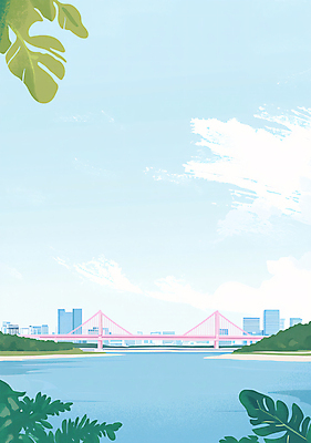 PSD 구름 하늘색 잎 일러스트 하늘 풍경 빌딩 사람없음 건물 강 도시 한강 감성 한강다리 가교 국내일러스트 자연요소 식물 건축물 컨셉 서울 파란색 다리_건축물 랜드마크 파일형식