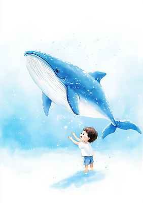 전신 PSD 남자 어린이 바다 일러스트 붓터치 수채화 한명 소년 파란색 물방울 고래 공기방울 소년한명만 국내일러스트 1 컬러 포유류 사람 수중동물 남자한명만 소년만 파일형식