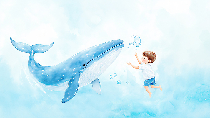전신 PSD 남자 어린이 바다 일러스트 붓터치 수채화 한명 소년 파란색 거품 물방울 고래 공기방울 소년한명만 국내일러스트 1 컬러 포유류 사람 수중동물 남자한명만 소년만 파일형식