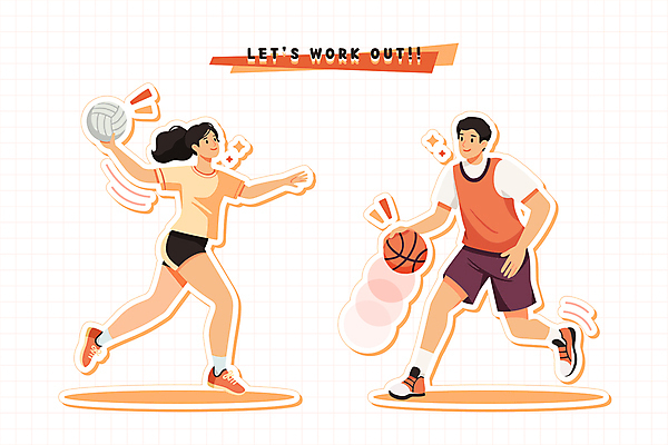 전신 여자 남자 인물캐릭터 스포츠 스티커 일러스트 농구 농구공 성인 두명 운동 던지기 배구 스포츠캐릭터 배구공 성인만 체육의날 일러캐릭터 AI파일 캐릭터 스포츠용품 공 모션 건강 사람 구기 파일형식 벡터 법정기념일