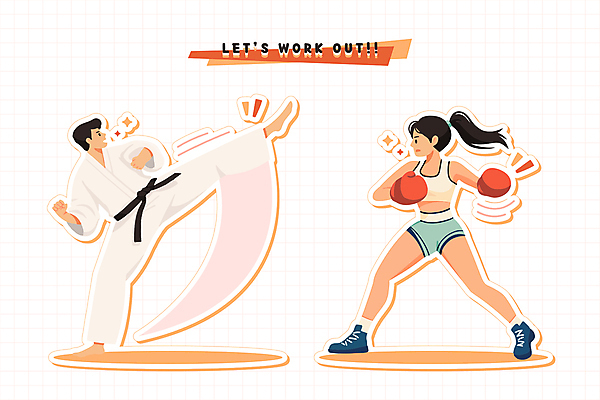 전신 여자 남자 인물캐릭터 스포츠 스티커 일러스트 성인 두명 운동 권투 권투글러브 킥 태권도 스포츠캐릭터 성인만 체육의날 일러캐릭터 AI파일 캐릭터 모션 건강 사람 격투기 글러브 파일형식 벡터 법정기념일