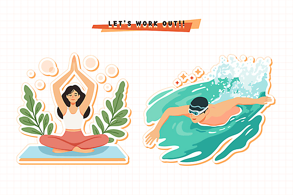 전신 여자 남자 인물캐릭터 스포츠 스티커 잎 일러스트 요가 성인 두명 물 운동 수영 매트 물안경 명상 스포츠캐릭터 수영모 성인만 체육의날 일러캐릭터 AI파일 자연요소 식물 캐릭터 웰빙 건강 사람 수상스포츠 수영용품 파일형식 벡터 법정기념일