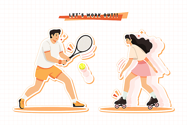 전신 여자 남자 인물캐릭터 스포츠 스티커 일러스트 성인 두명 운동 테니스 테니스라켓 롤러블레이드 테니스공 스포츠캐릭터 성인만 체육의날 일러캐릭터 AI파일 캐릭터 공 건강 사람 취미 구기 라켓 테니스용품 파일형식 벡터 법정기념일