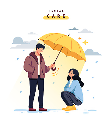 전신 구름 여자 남자 일러스트 우산 들기 앉기 성인 두명 빛 비 먹구름 힐링 웅덩이 빗물 웅크림 치유 성인만 정신건강 정신건강의날 국내일러스트 AI파일 자연요소 기념일 모션 날씨 건강 사람 비_날씨 파일형식 벡터 구름_자연