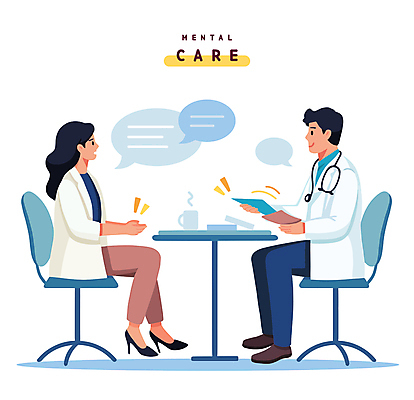 전신 여자 남자 말풍선 의자 일러스트 앉기 성인 두명 치료 컵 진료 환자 의사 책상 상담 성인만 정신건강 정신상담 정신건강의날 국내일러스트 AI파일 식기 기념일 가구 의학 모션 건강 사람 의료진 파일형식 벡터