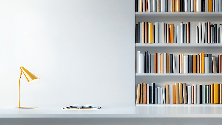 JPG 편집이미지 책장 사람없음 책 노란색 흰색 스탠드 서재 책상 편집실사 AI포토 AI콘텐츠 컬러 가구 조명 CG 파일형식