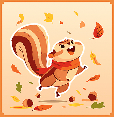 단풍 스티커 낙엽 일러스트 사람없음 귀여움 점프 주황색 목도리 가을 도토리 일러캐릭터 다람쥐캐릭터 AI파일 캐릭터 잡화 계절 컬러 동물캐릭터 컨셉 잎 모션 견과류 다람쥐 파일형식 벡터