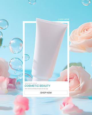 템플릿 하늘색 프레임 사람없음 뷰티 장미 화장품 크림 공기방울 튜브용기 이미지템플릿 AI파일 꽃 파란색 용기_그릇 파일형식 벡터