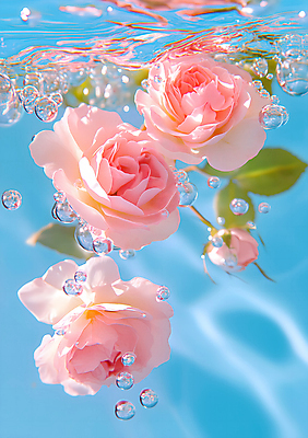 JPG 편집이미지 분홍색 사람없음 물 빛 뷰티 장미 수중 물방울 공기방울 편집실사 AI포토 AI콘텐츠 자연요소 꽃 컬러 CG 파일형식