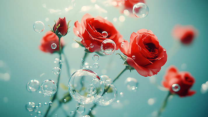 JPG 편집이미지 사람없음 빨간색 물 뷰티 장미 수중 물방울 공기방울 편집실사 AI포토 AI콘텐츠 자연요소 꽃 컬러 CG 파일형식