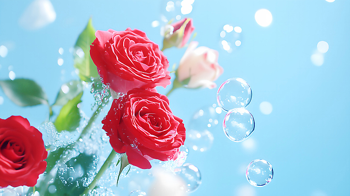 JPG 편집이미지 사람없음 빨간색 물 파란색 뷰티 장미 수중 물방울 공기방울 편집실사 AI포토 AI콘텐츠 자연요소 꽃 컬러 CG 파일형식