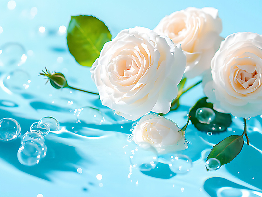 JPG 편집이미지 하늘색 사람없음 뷰티 장미 흰색 물방울 수면 공기방울 편집실사 AI포토 AI콘텐츠 꽃 컬러 물 파란색 CG 파일형식