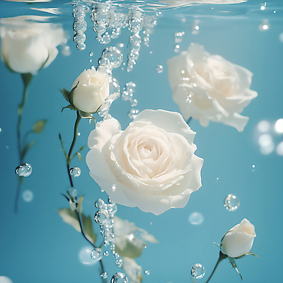 JPG 편집이미지 사람없음 물 뷰티 장미 수중 흰색 물방울 공기방울 편집실사 AI포토 AI콘텐츠 자연요소 꽃 컬러 CG 파일형식