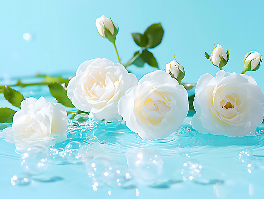 JPG 편집이미지 하늘색 사람없음 물 뷰티 장미 흰색 물방울 공기방울 물결파장 편집실사 AI포토 AI콘텐츠 자연요소 꽃 물결 컬러 파란색 CG 파일형식