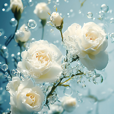JPG 편집이미지 사람없음 물 뷰티 장미 수중 흰색 물방울 공기방울 편집실사 AI포토 AI콘텐츠 자연요소 꽃 컬러 CG 파일형식