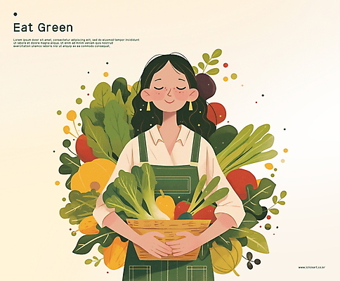 PSD 여자 토마토 일러스트 호박 건강 한명 미소 들기 상반신 성인 초록색 농작물 바구니 눈감음 청경채 식생활 식습관 성인여자한명만 국내일러스트 1 컬러 농업 채소 모션 표정 사람 여자한명만 성인여자만 파일형식