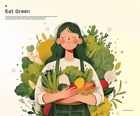 PSD 여자 일러스트 건강 한명 미소 들기 상반신 성인 초록색 농작물 바구니 눈감음 당근 양배추 파 식생활 식습관 성인여자한명만 국내일러스트 1 컬러 농업 채소 모션 뿌리채소 표정 사람 여자한명만 성인여자만 파일형식
