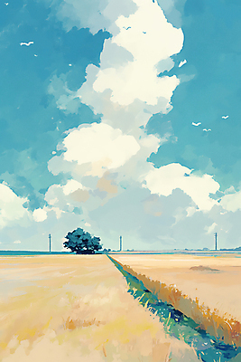 JPG 나무 구름 여행 일러스트 풍경 초원 사람없음 고요 시골 청량 국내일러스트 AI일러스트 AI콘텐츠 자연요소 식물 파일형식