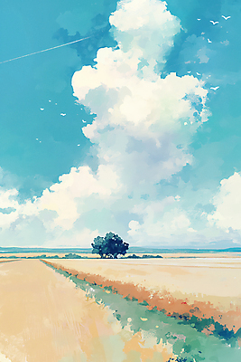 JPG 나무 구름 여행 일러스트 풍경 초원 사람없음 고요 시골 청량 국내일러스트 AI일러스트 AI콘텐츠 자연요소 식물 파일형식