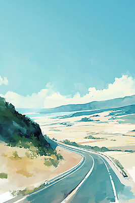 JPG 구름 도로 여행 일러스트 풍경 사람없음 고요 시골 청량 국내일러스트 AI일러스트 AI콘텐츠 자연요소 길 교통시설 파일형식