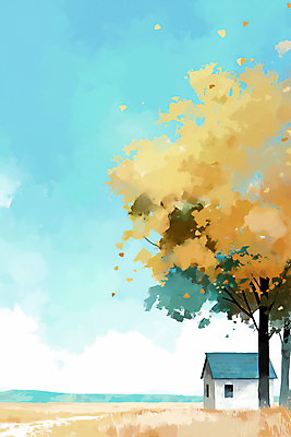 JPG 나무 구름 여행 일러스트 주택 풍경 초원 사람없음 고요 시골 청량 국내일러스트 AI일러스트 AI콘텐츠 자연요소 식물 건물 파일형식