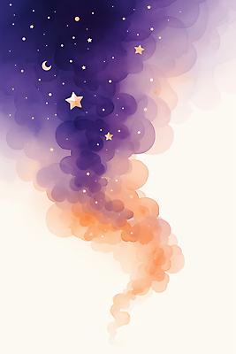 JPG 구름 별 일러스트 밤하늘 수채화 사람없음 보라색 주황색 야간 은하수 국내일러스트 AI일러스트 AI콘텐츠 자연요소 컬러 자연 하늘 파일형식