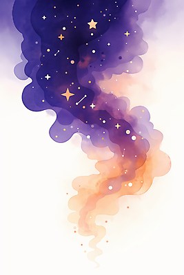 JPG 구름 별 일러스트 밤하늘 수채화 사람없음 보라색 주황색 야간 은하수 국내일러스트 AI일러스트 AI콘텐츠 자연요소 컬러 자연 하늘 파일형식