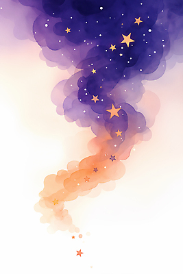 JPG 구름 별 일러스트 밤하늘 수채화 사람없음 보라색 주황색 야간 은하수 국내일러스트 AI일러스트 AI콘텐츠 자연요소 컬러 자연 하늘 파일형식