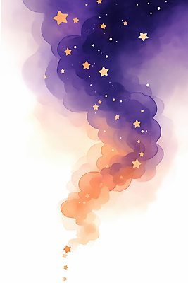 JPG 구름 별 일러스트 밤하늘 수채화 사람없음 보라색 주황색 야간 은하수 국내일러스트 AI일러스트 AI콘텐츠 자연요소 컬러 자연 하늘 파일형식