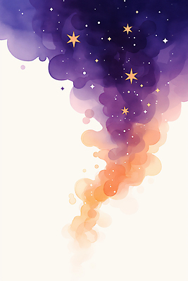 JPG 구름 별 일러스트 밤하늘 수채화 사람없음 보라색 주황색 야간 은하수 국내일러스트 AI일러스트 AI콘텐츠 자연요소 컬러 자연 하늘 파일형식