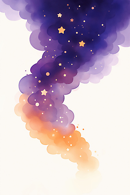 JPG 구름 별 일러스트 밤하늘 수채화 사람없음 보라색 주황색 야간 은하수 국내일러스트 AI일러스트 AI콘텐츠 자연요소 컬러 자연 하늘 파일형식