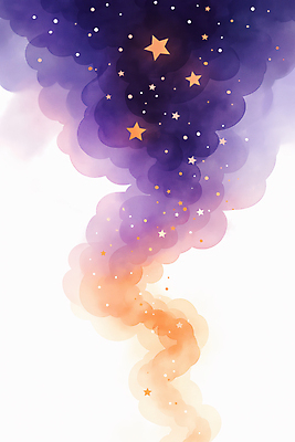 JPG 구름 별 일러스트 밤하늘 수채화 사람없음 보라색 주황색 야간 은하수 국내일러스트 AI일러스트 AI콘텐츠 자연요소 컬러 자연 하늘 파일형식