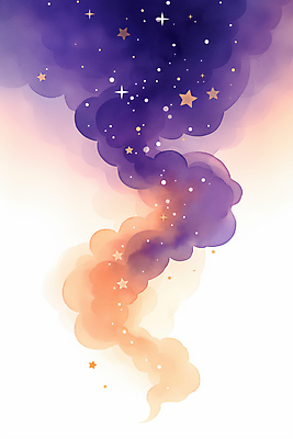JPG 구름 별 일러스트 밤하늘 수채화 사람없음 보라색 주황색 야간 은하수 국내일러스트 AI일러스트 AI콘텐츠 자연요소 컬러 자연 하늘 파일형식