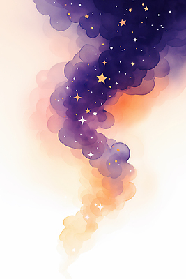 JPG 구름 별 일러스트 밤하늘 수채화 사람없음 보라색 주황색 야간 은하수 국내일러스트 AI일러스트 AI콘텐츠 자연요소 컬러 자연 하늘 파일형식