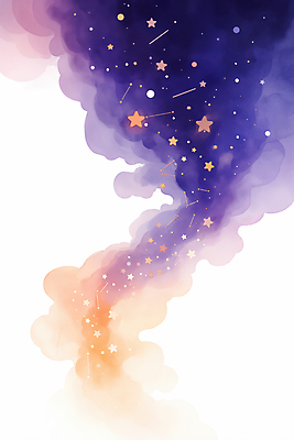 JPG 구름 별 일러스트 밤하늘 수채화 사람없음 보라색 주황색 야간 은하수 국내일러스트 AI일러스트 AI콘텐츠 자연요소 컬러 자연 하늘 파일형식