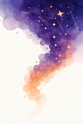 JPG 구름 별 일러스트 밤하늘 수채화 사람없음 보라색 주황색 야간 은하수 국내일러스트 AI일러스트 AI콘텐츠 자연요소 컬러 자연 하늘 파일형식