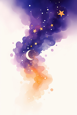 JPG 구름 별 일러스트 밤하늘 수채화 사람없음 보라색 주황색 야간 은하수 국내일러스트 AI일러스트 AI콘텐츠 자연요소 컬러 자연 하늘 파일형식