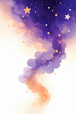 JPG 구름 별 일러스트 밤하늘 수채화 사람없음 보라색 주황색 야간 은하수 국내일러스트 AI일러스트 AI콘텐츠 자연요소 컬러 자연 하늘 파일형식