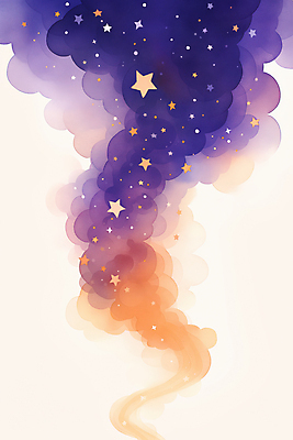 JPG 구름 별 일러스트 밤하늘 수채화 사람없음 보라색 주황색 야간 은하수 국내일러스트 AI일러스트 AI콘텐츠 자연요소 컬러 자연 하늘 파일형식
