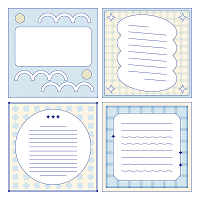 일러스트 문구용품 프레임 사람없음 파란색 노란색 메모지 네잎클로버 체크무늬 심플 팬시 카피스페이스 다꾸 키치 국내일러스트 AI파일 식물 컬러 컨셉 무늬 사무용품 공백 클로버 오브젝트 신조어 약어 파일형식 벡터