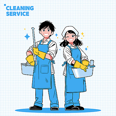 전신 여자 남자 인물캐릭터 유니폼 일러스트 가정 직업캐릭터 윙크 서기 들기 성인 두명 파란색 앞치마 청소도구 청소 서비스 고무장갑 대야 청소부 성인만 일러캐릭터 AI파일 직업 캐릭터 옷 컬러 장갑 모션 표정 사람 도구 고무 파일형식 벡터