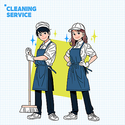 전신 여자 남자 인물캐릭터 허리손 유니폼 일러스트 가정 직업캐릭터 서기 들기 성인 두명 파란색 앞치마 빗자루 청소 서비스 청소부 성인만 일러캐릭터 AI파일 직업 캐릭터 옷 컬러 포즈 모션 사람 청소도구 파일형식 벡터