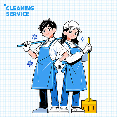 전신 여자 남자 인물캐릭터 유니폼 일러스트 가정 직업캐릭터 서기 들기 성인 두명 파란색 앞치마 잡기 빗자루 청소 서비스 청소부 성인만 일러캐릭터 AI파일 직업 캐릭터 옷 컬러 모션 사람 청소도구 파일형식 벡터