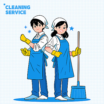 전신 여자 남자 인물캐릭터 유니폼 일러스트 가정 직업캐릭터 서기 성인 두명 파란색 파이팅 앞치마 잡기 빗자루 청소 서비스 청소부 성인만 일러캐릭터 AI파일 직업 캐릭터 옷 컬러 모션 사람 청소도구 파일형식 벡터